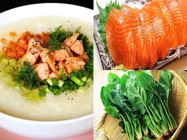 Cháo cá hồi với gừng và rau bó xôi