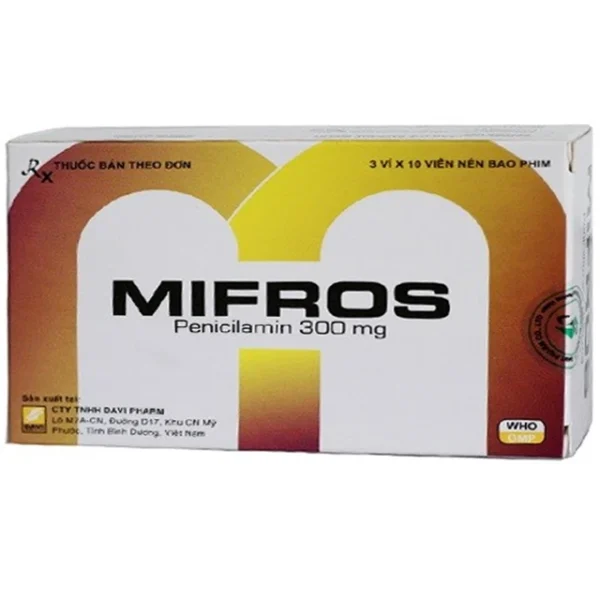 Thuốc Mifros 300mg Davipharm điều trị bệnh Wilson, bệnh cystin niệu, bệnh viêm khớp (3 vỉ x 10 viên)
